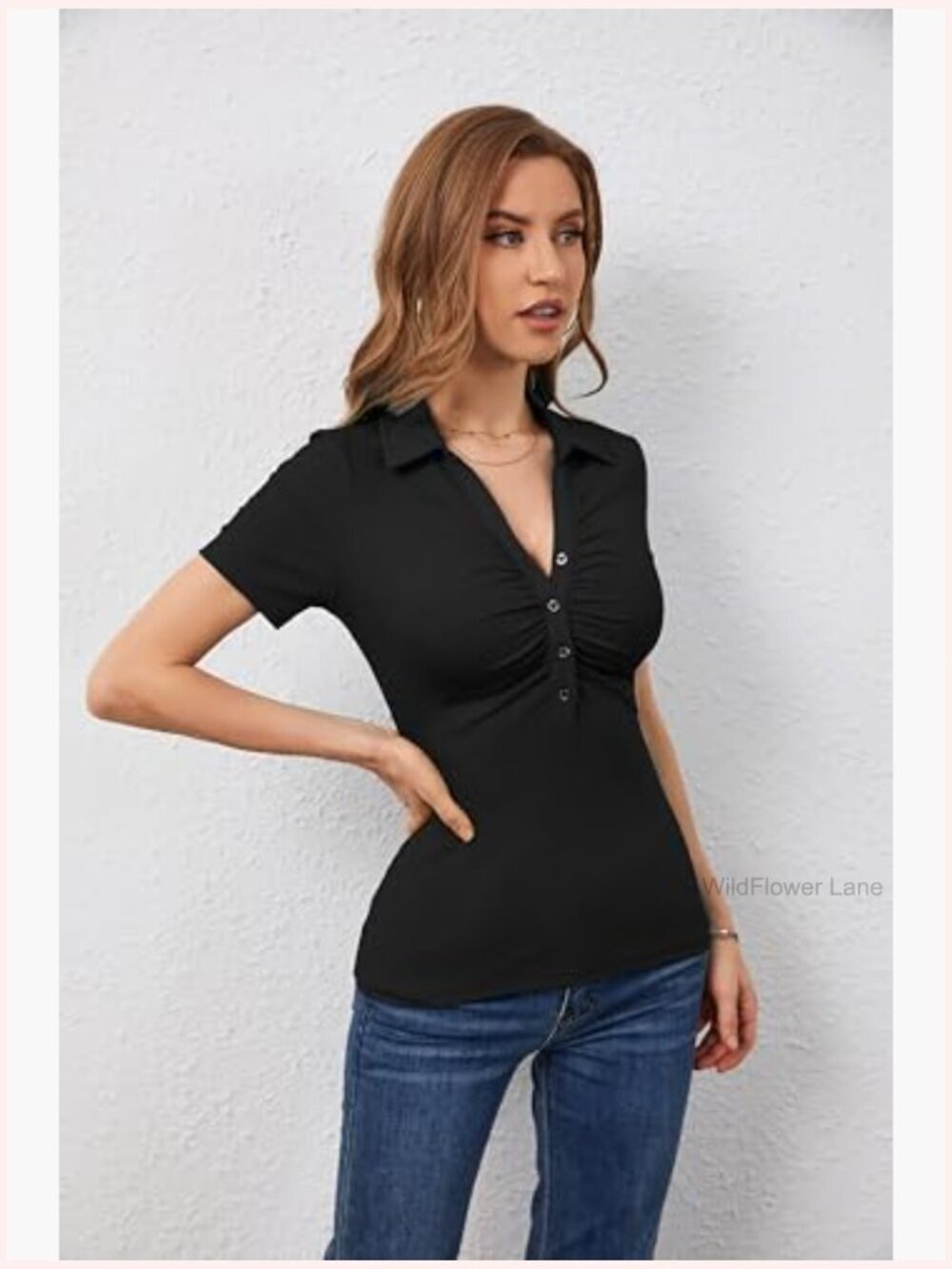 Ribbed Knit Polo V Neck Button Down Fitted Short Sleeve Blouse - Picture 5 of 6